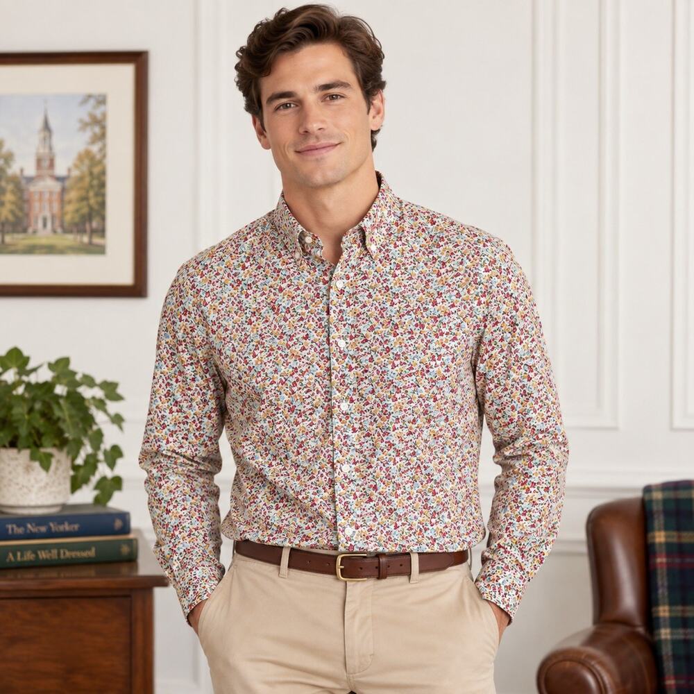 J.Crew Mens Small Long Sleeve Floral Button Down Shirt Slim Flex Washed Preppy